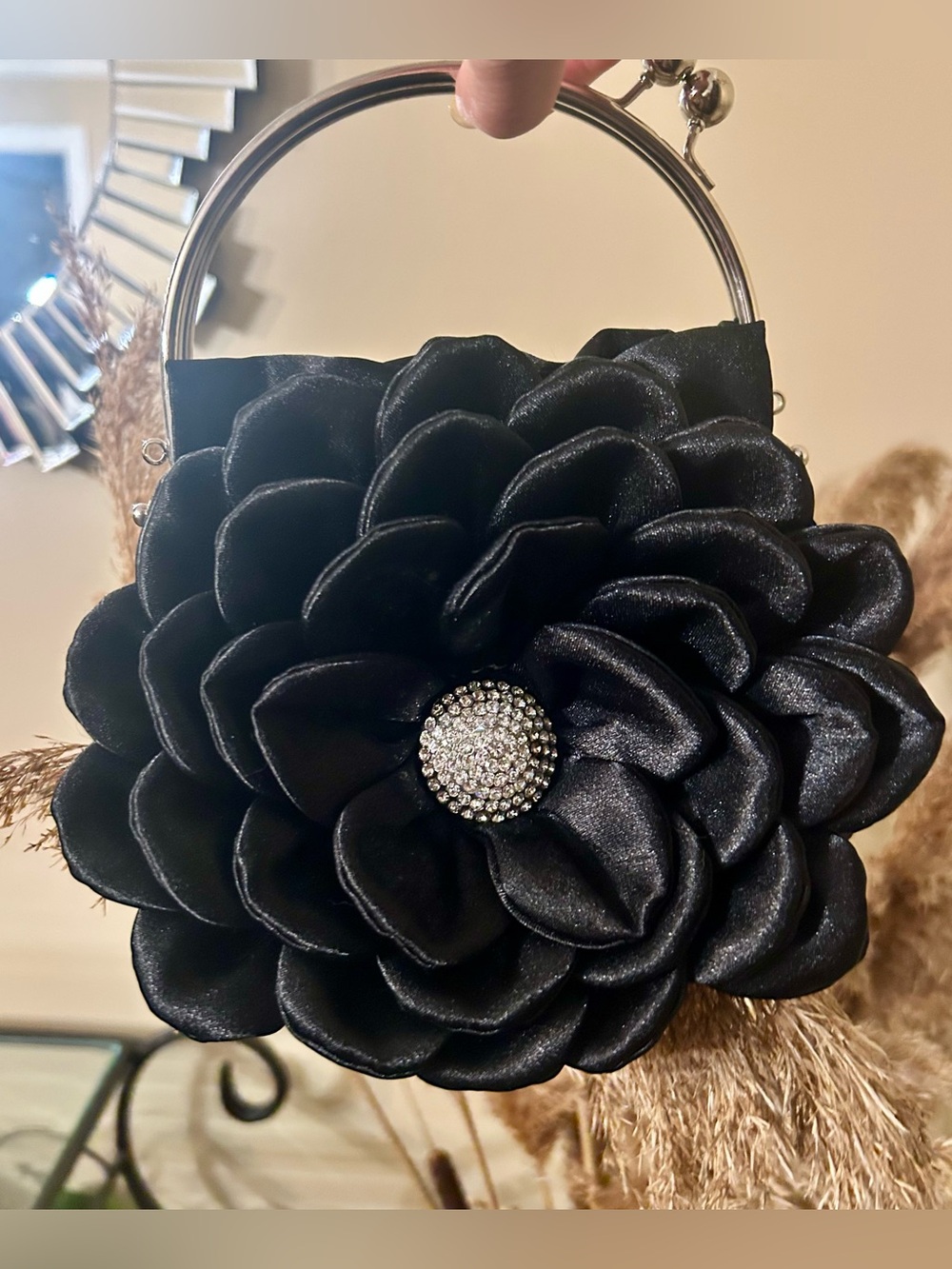 Elegant Black Floral Evening Bag with Rhinestone Center
